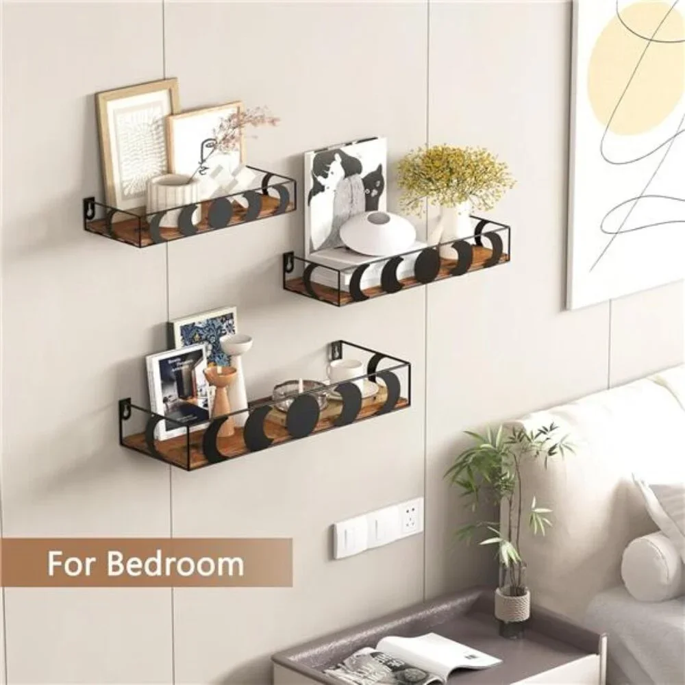 Black and Brown Floating Wall Shelves, Set of 3 Moon Phase Decorative Small